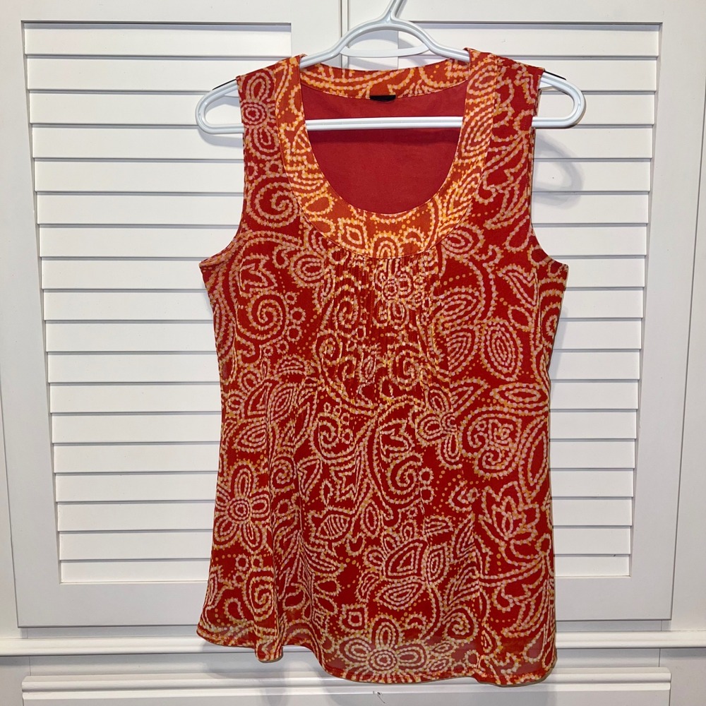 Womens Red Orange Paisley Sleeveless‎ Pleated Scoop Neck Double Layer Blouse Top